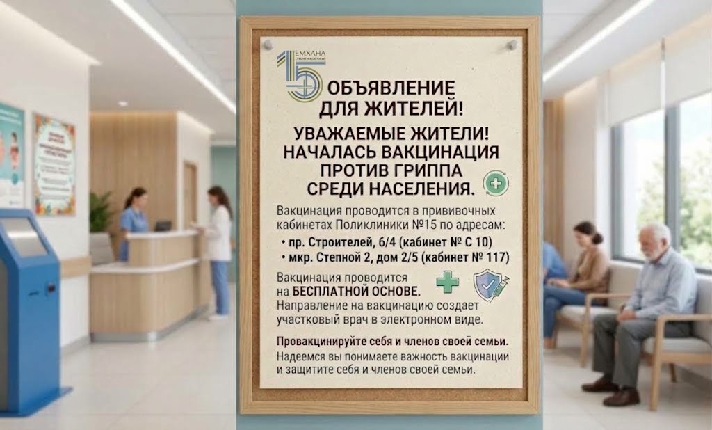 Объявление о бесплатной вакцинации против гриппа в Поликлинике 15